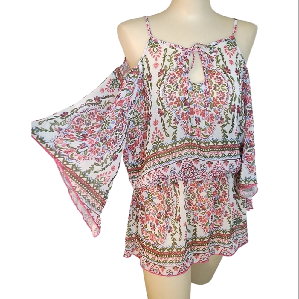Becca Chiffon flowy floral cold shoulder tunic top blouse